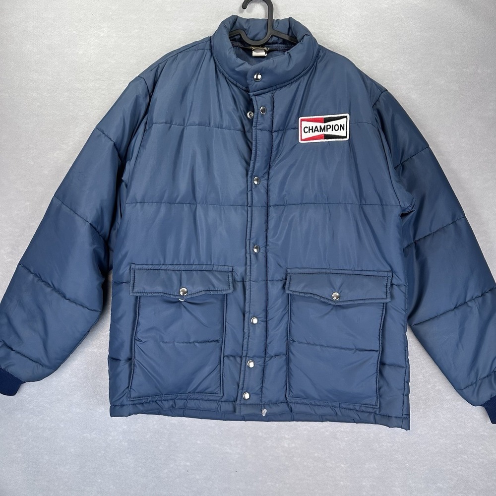 Vtg 70s Champion Jacket L Spark Plugs Coat Official Racing Apparel Jacket Puffer